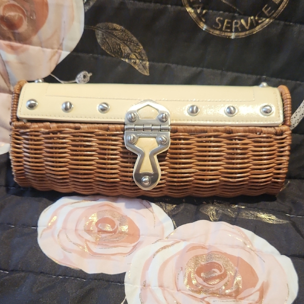 Michael Kors Santorini Rattan Tan and Yellow Woven Clutch with Silver Clasp